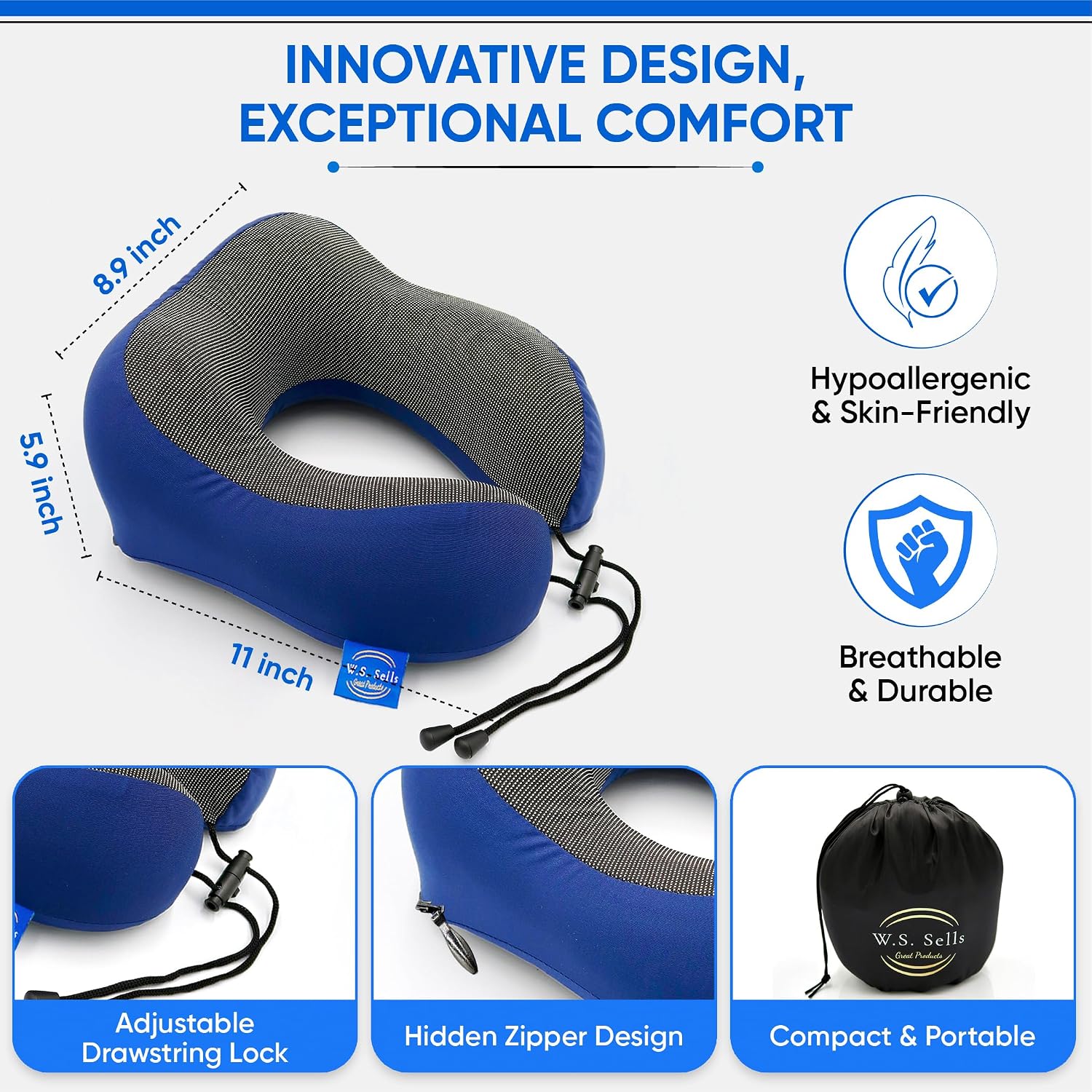 W.S. Sells Travel Neck Pillows for Airplanes - Pure Memory Foam with Ergonomic Design