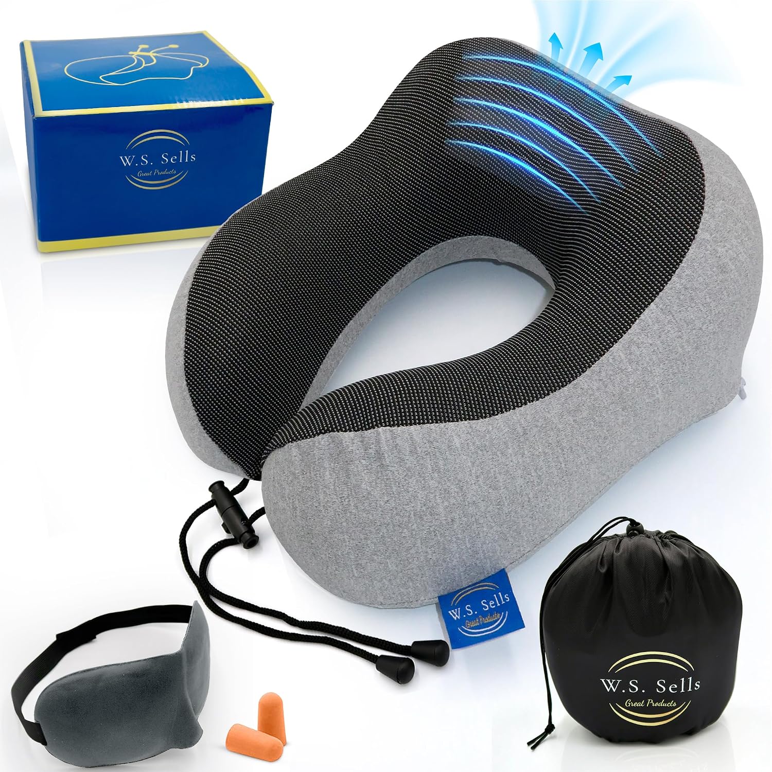 W.S. Sells Travel Neck Pillows for Airplanes - Pure Memory Foam with Ergonomic Design