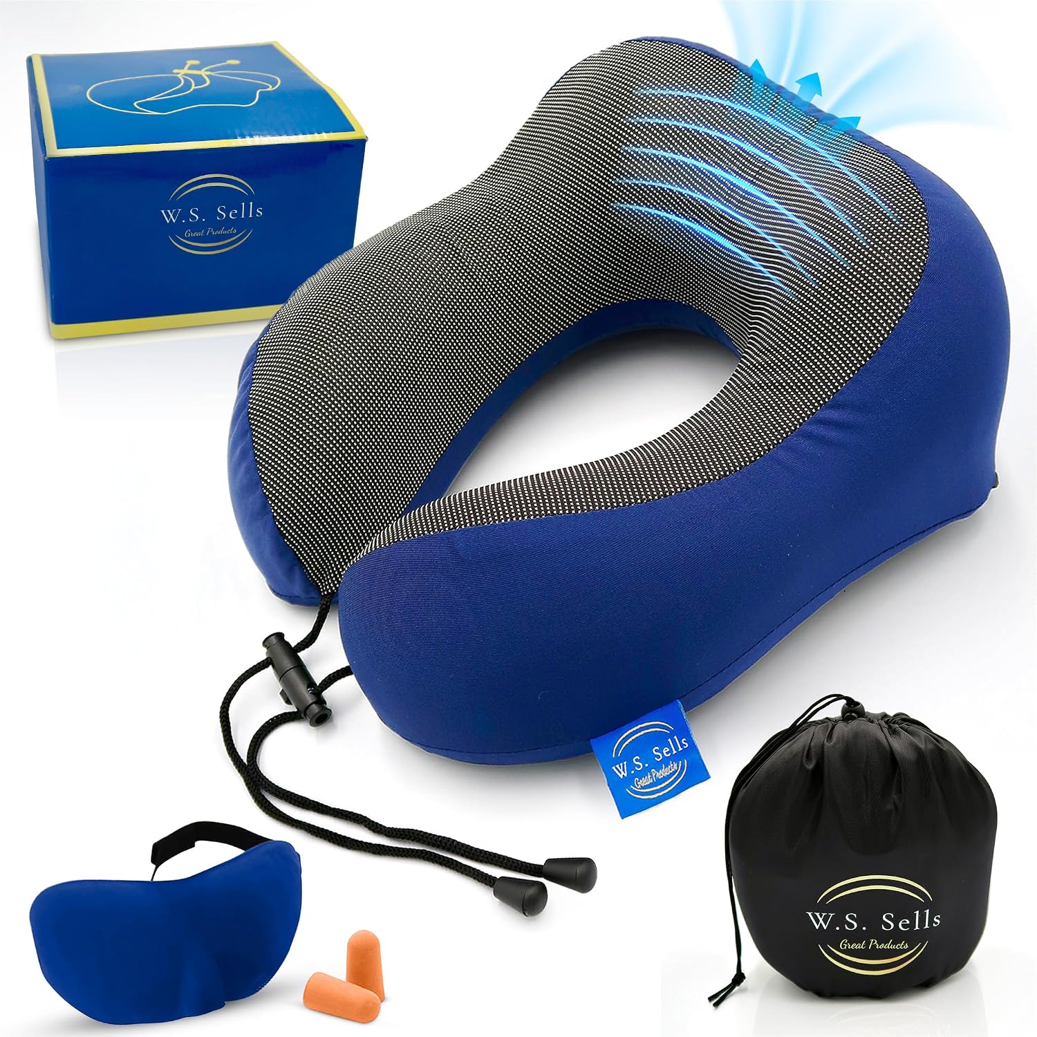 W.S. Sells Travel Neck Pillows for Airplanes - Pure Memory Foam with Ergonomic Design